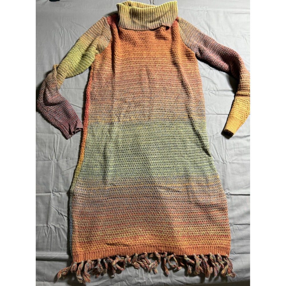 Yest Sweater Dress Womens Size L Multicolor Good Tassel Fringe Turtleneck